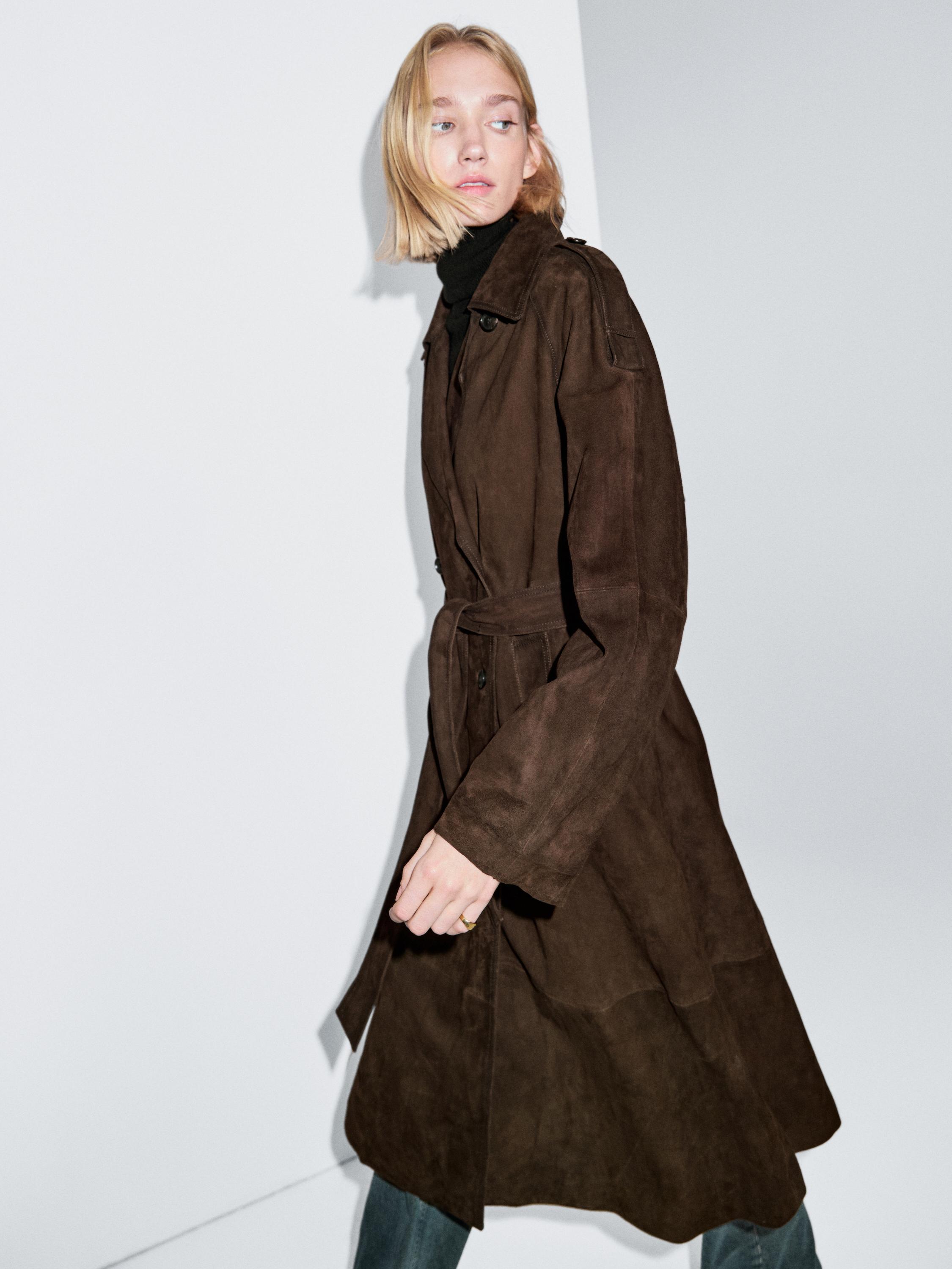Long suede leather trench coat